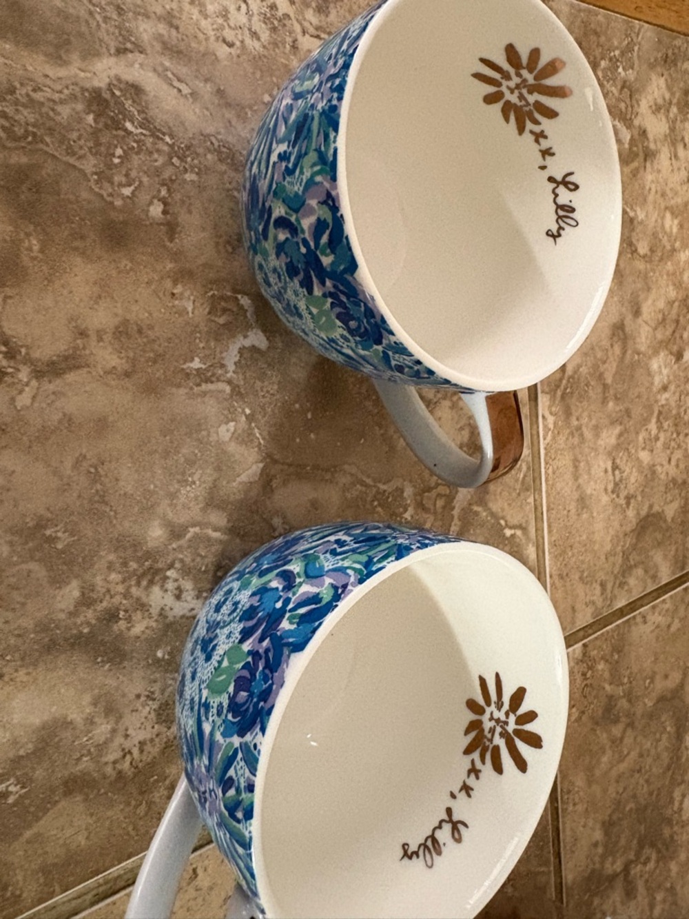 Lilly Pulitzer Blue Green Floral Ceramic Mugs - Pair